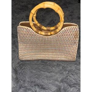 Vintage Fossil Bamboo Handle Woven Tote Bag Y2K Multicolor Leather Trim 75082